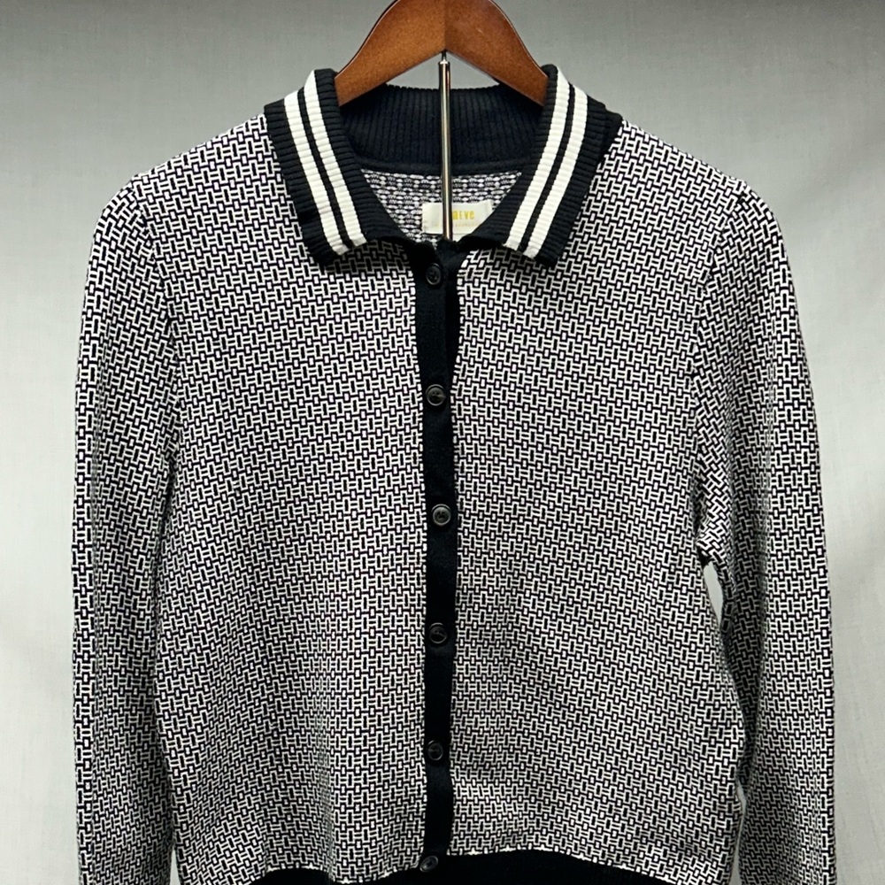 Anthropologie Maeve Plunging Polo Cardigan Sweater Black White Geo